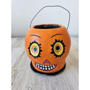 Paper mache pumpkin basket vintage style shabby chic jack-o'-lantern Halloween d